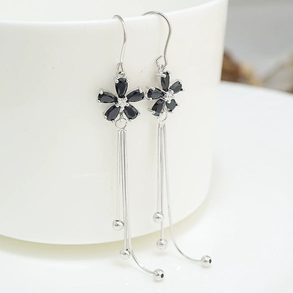 Women's 925 Sterling Silver Elegant Floral Tassel Earrings With Five Petal Flower Design For Round Face