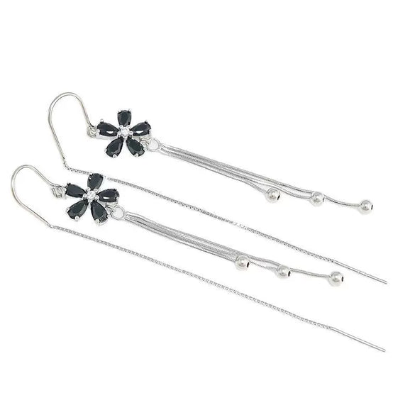 Women's 925 Sterling Silver Elegant Floral Tassel Earrings With Five Petal Flower Design For Round Face