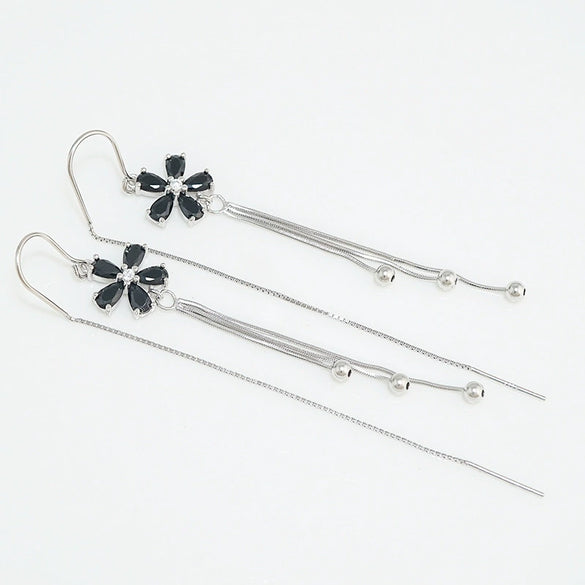 Women's 925 Sterling Silver Elegant Floral Tassel Earrings With Five Petal Flower Design For Round Face
