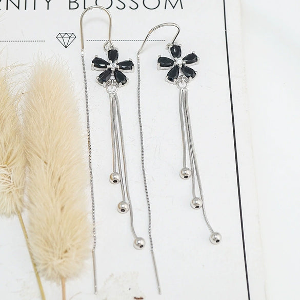 Women's 925 Sterling Silver Elegant Floral Tassel Earrings With Five Petal Flower Design For Round Face