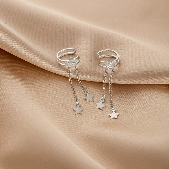 Women's Sterling Silver Five Pointed Star Tassel Clip On Earrings Long Electroplated Design For Non Pierced Ears