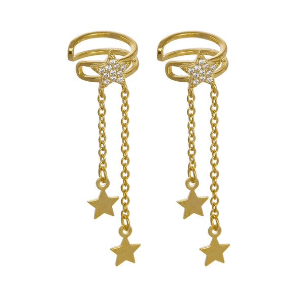Women's Sterling Silver Five Pointed Star Tassel Clip On Earrings Long Electroplated Design For Non Pierced Ears