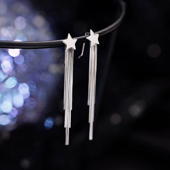 Women's 925 Sterling Silver Five Pointed Star Tassel Earrings Long Fashion Earrings With Elegant Slimming Silhouette