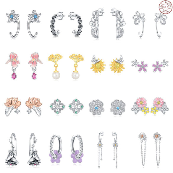 Women's 925 Sterling Silver Flower Butterfly Daisy Animal Zodiac Electroplated Earrings