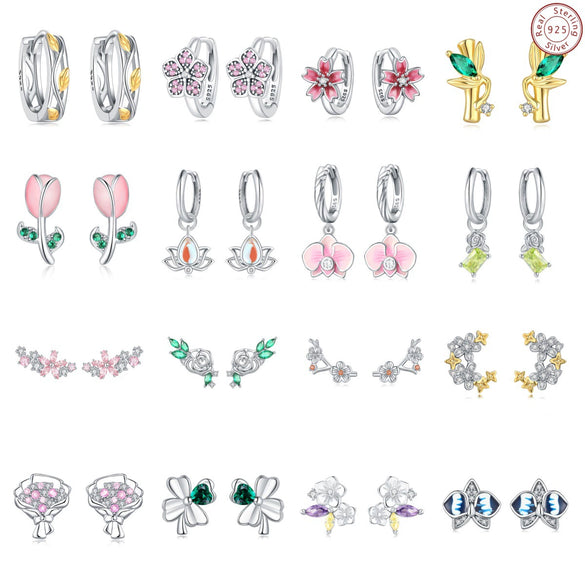 Women's 925 Sterling Silver Flower Leaves Electroplated Earrings