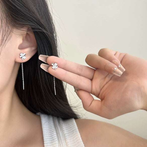 Women's 925 Sterling Silver Four Leaf Clover Ear Wire Earrings With Zircon Inlay Electroplated Light Luxury Floral Design