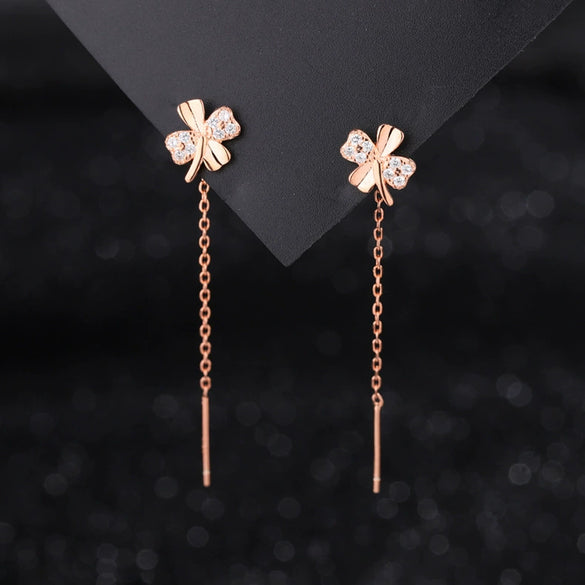Women's 925 Sterling Silver Four Leaf Clover Ear Wire Earrings With Zircon Inlay Electroplated Light Luxury Floral Design