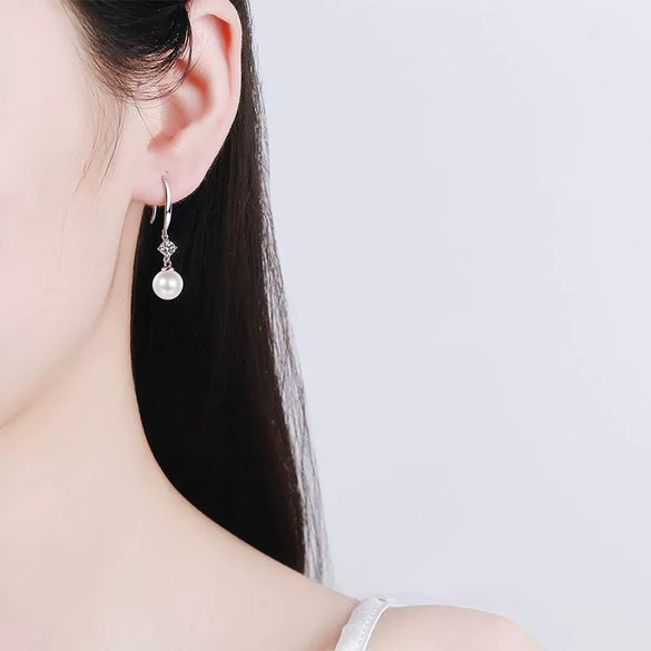 Women's 925 Sterling Silver Freshwater Pearl And Moissanite Drop Earrings Geometric Floral Four Prong Ear Hook Design