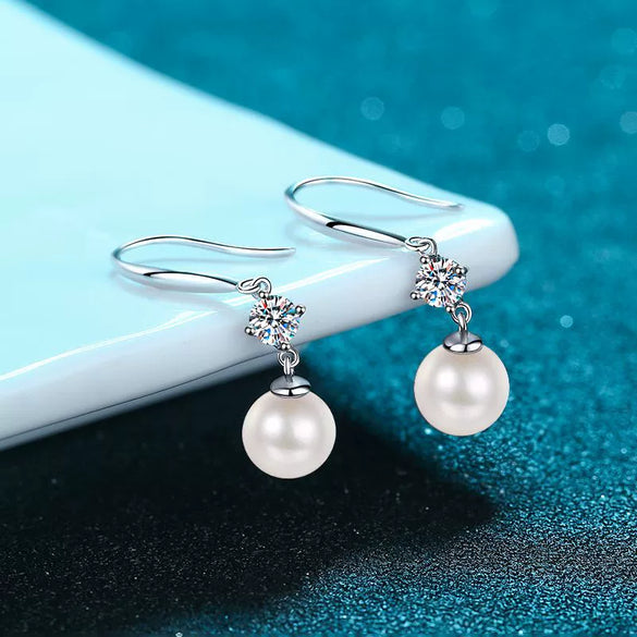 Women's 925 Sterling Silver Freshwater Pearl And Moissanite Drop Earrings Geometric Floral Four Prong Ear Hook Design