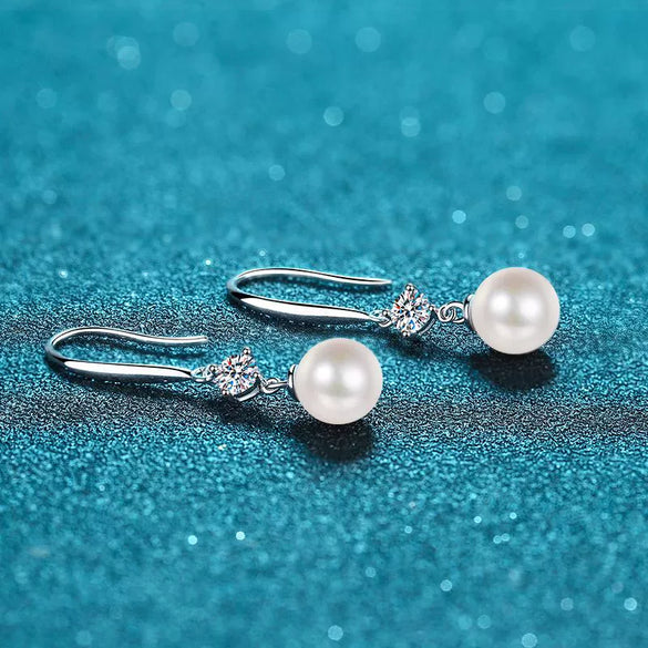Women's 925 Sterling Silver Freshwater Pearl And Moissanite Drop Earrings Geometric Floral Four Prong Ear Hook Design