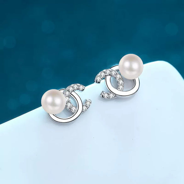 Women's 925 Sterling Silver Freshwater Pearl And Moissanite Flower Earrings Electroplated Letter Style