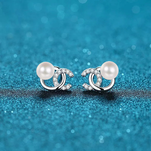 Women's 925 Sterling Silver Freshwater Pearl And Moissanite Flower Earrings Electroplated Letter Style