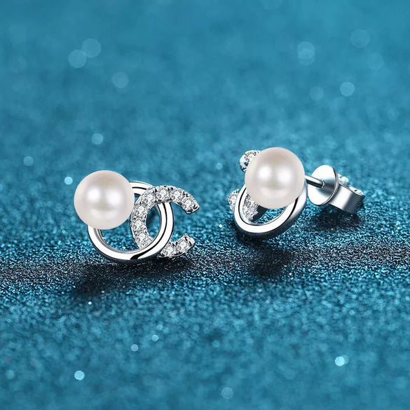 Women's 925 Sterling Silver Freshwater Pearl And Moissanite Flower Earrings Electroplated Letter Style