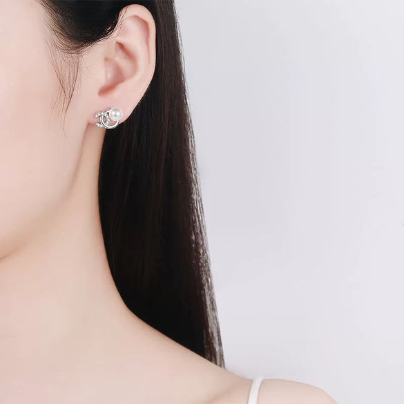 Women's 925 Sterling Silver Freshwater Pearl And Moissanite Flower Earrings Electroplated Letter Style