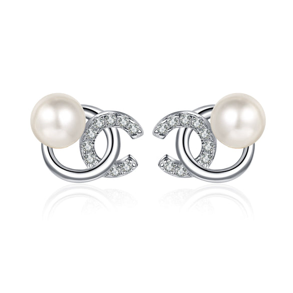 Women's 925 Sterling Silver Freshwater Pearl And Moissanite Flower Earrings Electroplated Letter Style