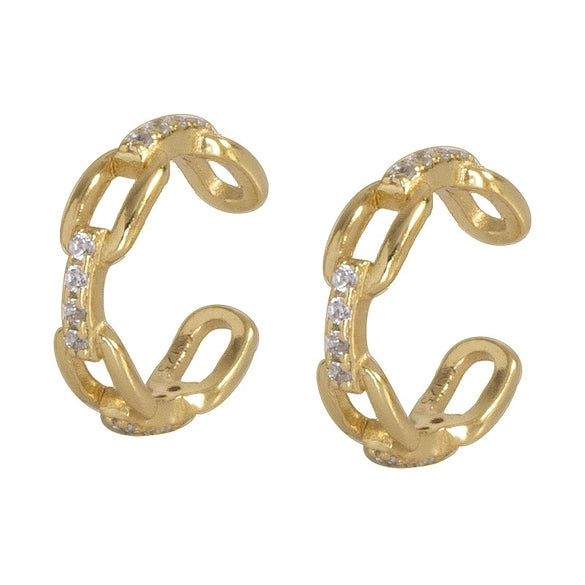 Women's Sterling Silver Geometric Chain Ear Clips With Hollow Design And Square Lock Detail Electroplated Finish No Piercing Required