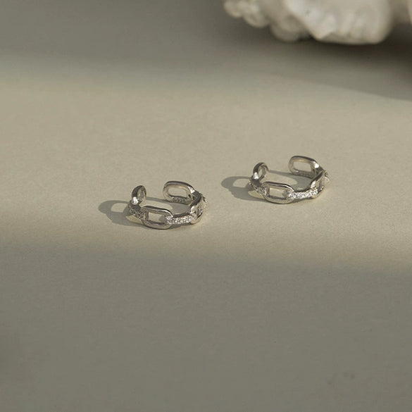 Women's Sterling Silver Geometric Chain Ear Clips With Hollow Design And Square Lock Detail Electroplated Finish No Piercing Required