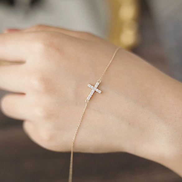 Women's Sterling Silver Geometric Cross Bracelet With Diamond Design
