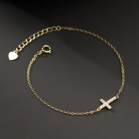 Women's Sterling Silver Geometric Cross Bracelet With Diamond Design