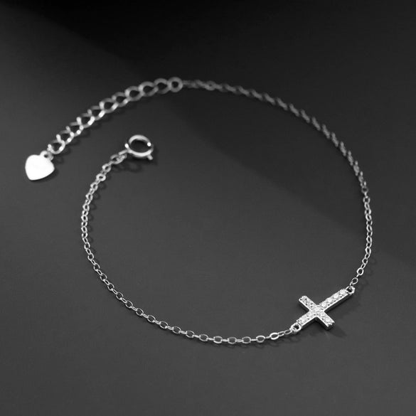 Women's Sterling Silver Geometric Cross Bracelet With Diamond Design