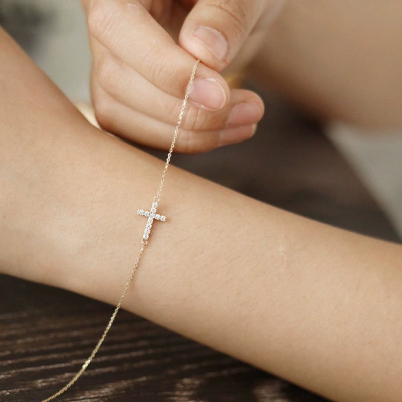 Women's Sterling Silver Geometric Cross Bracelet With Diamond Design