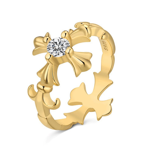 Women's 925 Sterling Silver Geometric Cross Shape Ring With Electroplating