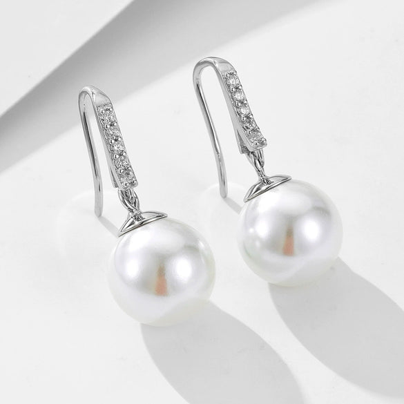 Women's 925 Sterling Silver Geometric Diamond Pearl Earrings Jewelry