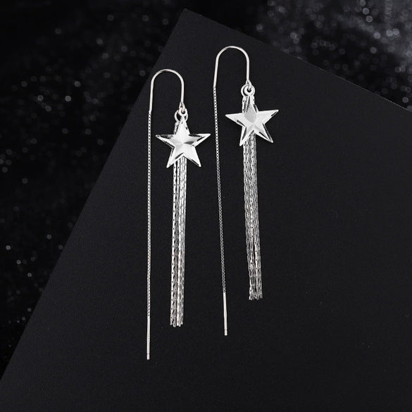 Women's 925 Sterling Silver Geometric Five Point Star Tassel Threader Earrings Light Luxury Fashion Long Ear Line Earrings