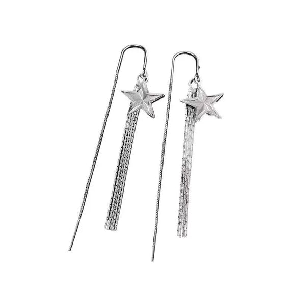 Women's 925 Sterling Silver Geometric Five Point Star Tassel Threader Earrings Light Luxury Fashion Long Ear Line Earrings