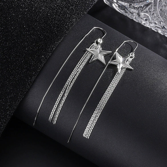 Women's 925 Sterling Silver Geometric Five Point Star Tassel Threader Earrings Light Luxury Fashion Long Ear Line Earrings