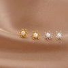 Women's Sterling Silver Geometric Flower Earrings With Pearl Detail And Electroplated Finish Minimalist Mini Jewelry
