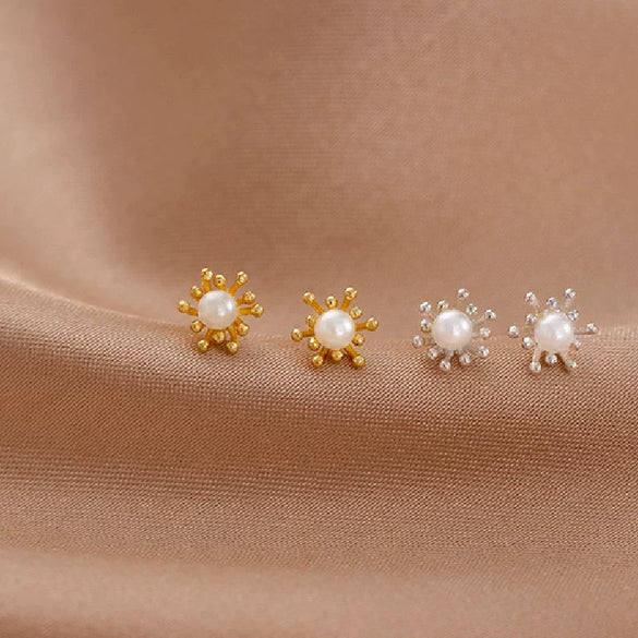 Women's Sterling Silver Geometric Flower Earrings With Pearl Detail And Electroplated Finish Minimalist Mini Jewelry