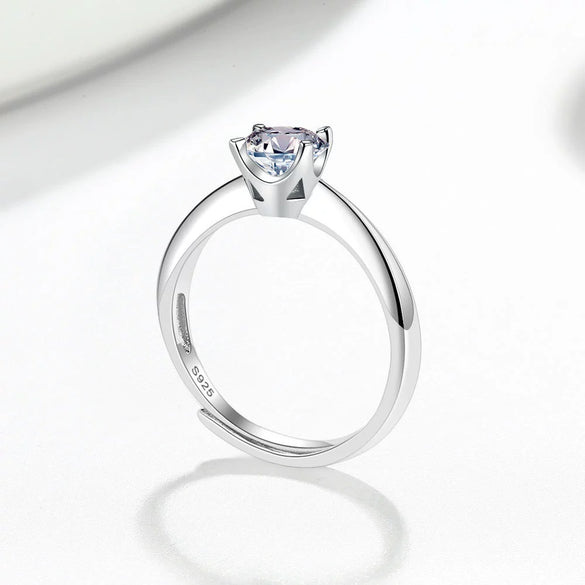 Women's Sterling Silver Geometric Four Claw Solitaire Ring Electroplated Sweet Romantic Adjustable Wedding Ring