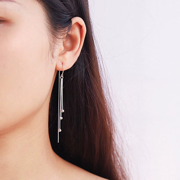 Women's 925 Sterling Silver Geometric Long Tassel Ear Line Earrings Elegant Light Luxury Bead Drop Earrings For Round Face