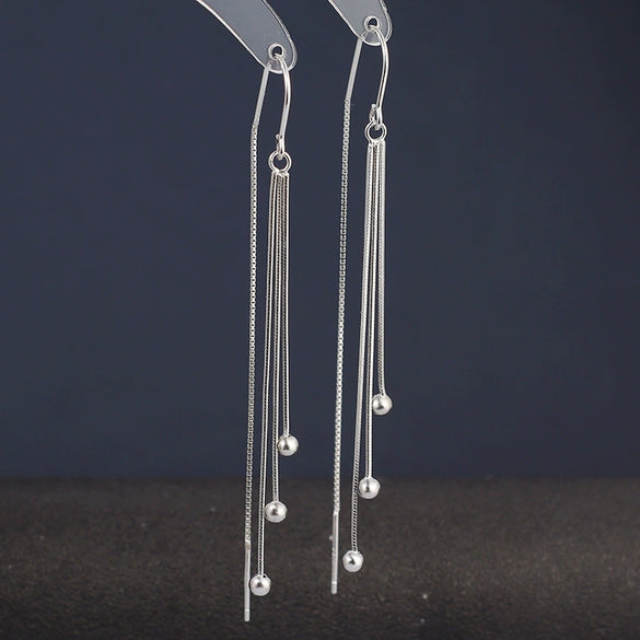 Women's 925 Sterling Silver Geometric Long Tassel Ear Line Earrings Elegant Light Luxury Bead Drop Earrings For Round Face