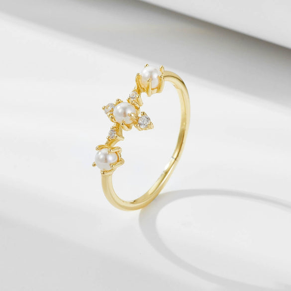 Women's Sterling Silver Geometric Pearl Set Crown Ring Hand Jewelry