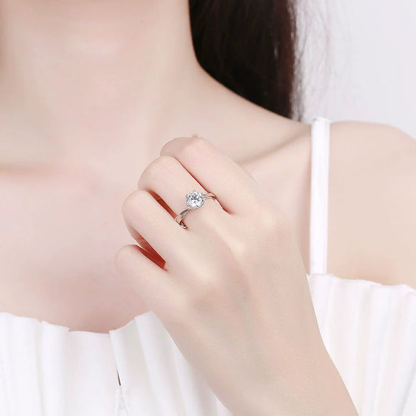 Women's 925 Sterling Silver Geometric Six Claw Adjustable Ring With Electroplated Non Fading Stone Setting