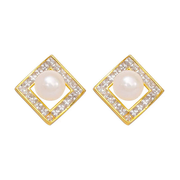 Women's Sterling Silver Geometric Square Pearl Earrings With Electroplated Finish Simple Natural Fashion Jewelry
