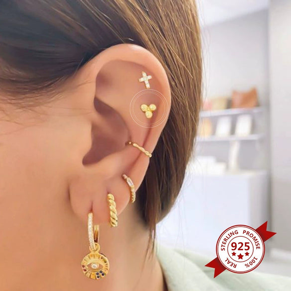 Women's 925 Sterling Silver Geometric Three Ball Spiral Cartilage Piercing Earrings With Electroplated Polished Finish