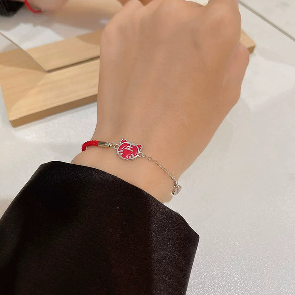 Women's 925 Sterling Silver Geometric Tiger Zodiac Red Rope Bracelet With Electroplated Color Changing Lucky Charm