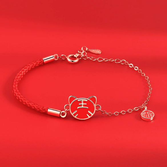 Women's 925 Sterling Silver Geometric Tiger Zodiac Red Rope Bracelet With Electroplated Color Changing Lucky Charm