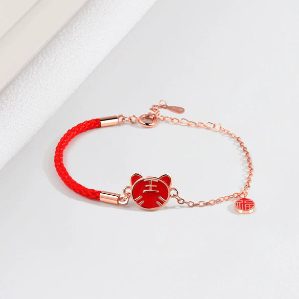 Women's 925 Sterling Silver Geometric Tiger Zodiac Red Rope Bracelet With Electroplated Color Changing Lucky Charm