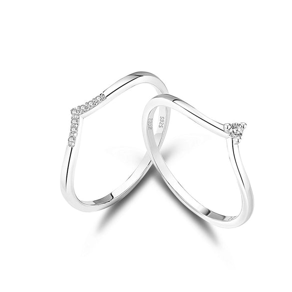 Women's 925 Sterling Silver Geometric Vshaped Electroplated Stacked Ring