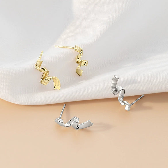 Women's Sterling Silver Gold Plated Geometric Ribbon Earrings With Elegant Light Luxury Design