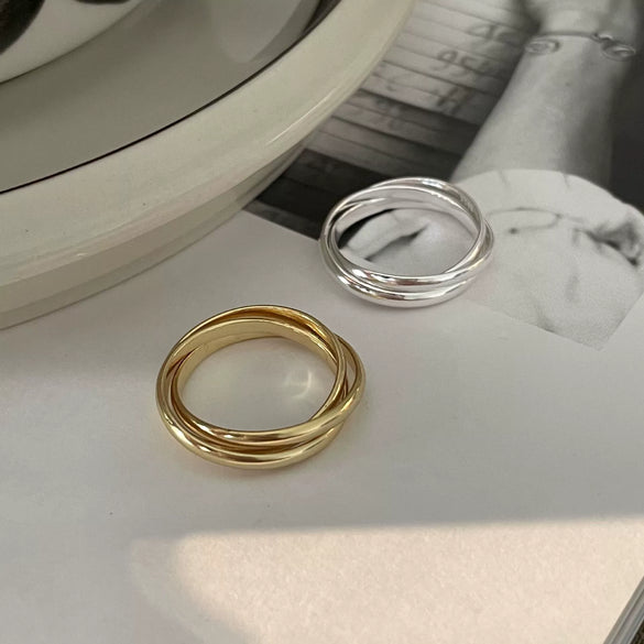 Women's 925 Sterling Silver Heart Geometric Double Line Threering Ring With Silver Inlaid Design