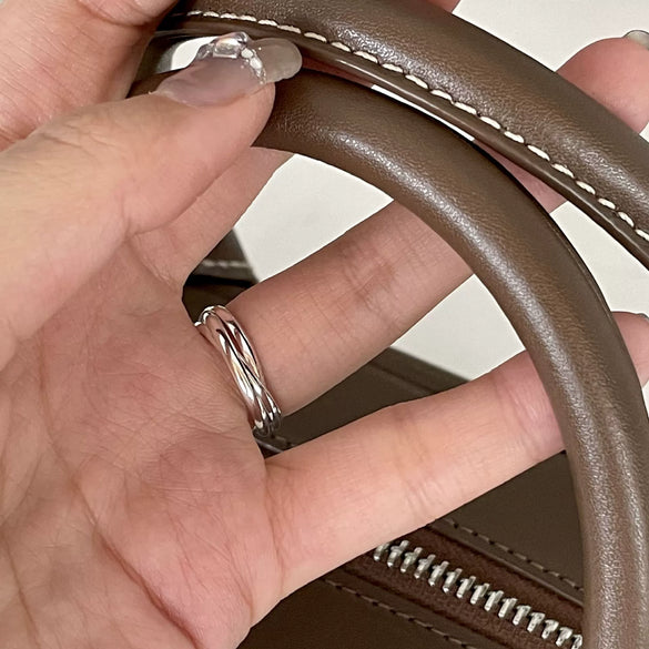 Women's 925 Sterling Silver Heart Geometric Double Line Threering Ring With Silver Inlaid Design