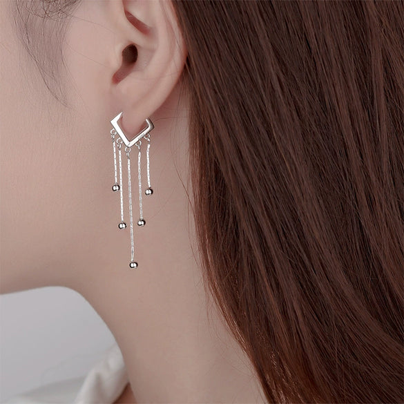 Women's 925 Sterling Silver Heart Shaped Tassel Earrings Geometric Light Luxury Electroplated Dangle Ear Buckle Earrings