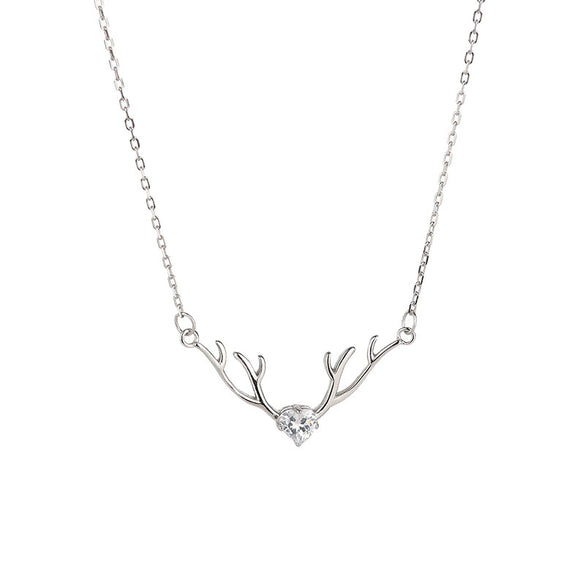 Women's Sterling Silver Heartshaped Zircon Antler Deer Pendant Necklace With Electroplated Cross Chain