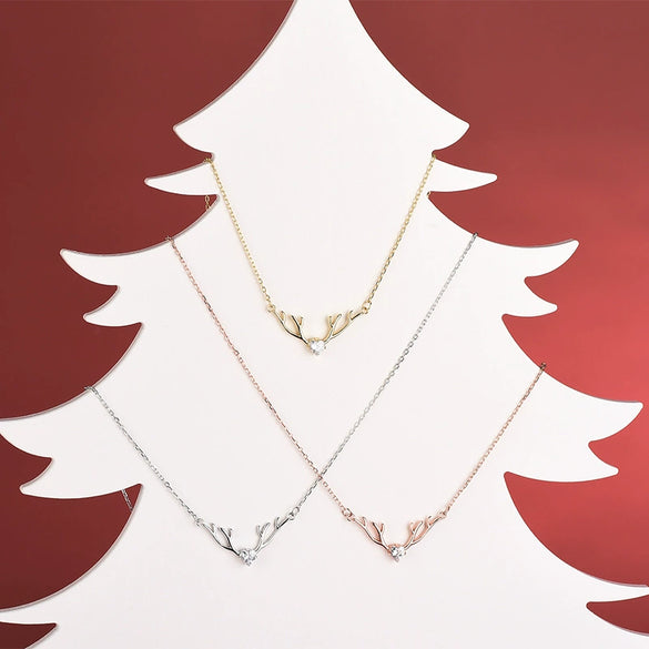 Women's Sterling Silver Heartshaped Zircon Antler Deer Pendant Necklace With Electroplated Cross Chain