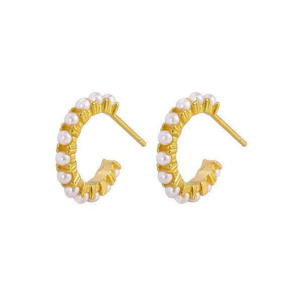 Women's Sterling Silver Imitation Pearl Earrings Geometric Ushape Semicircle Design Electroplated Retro Style